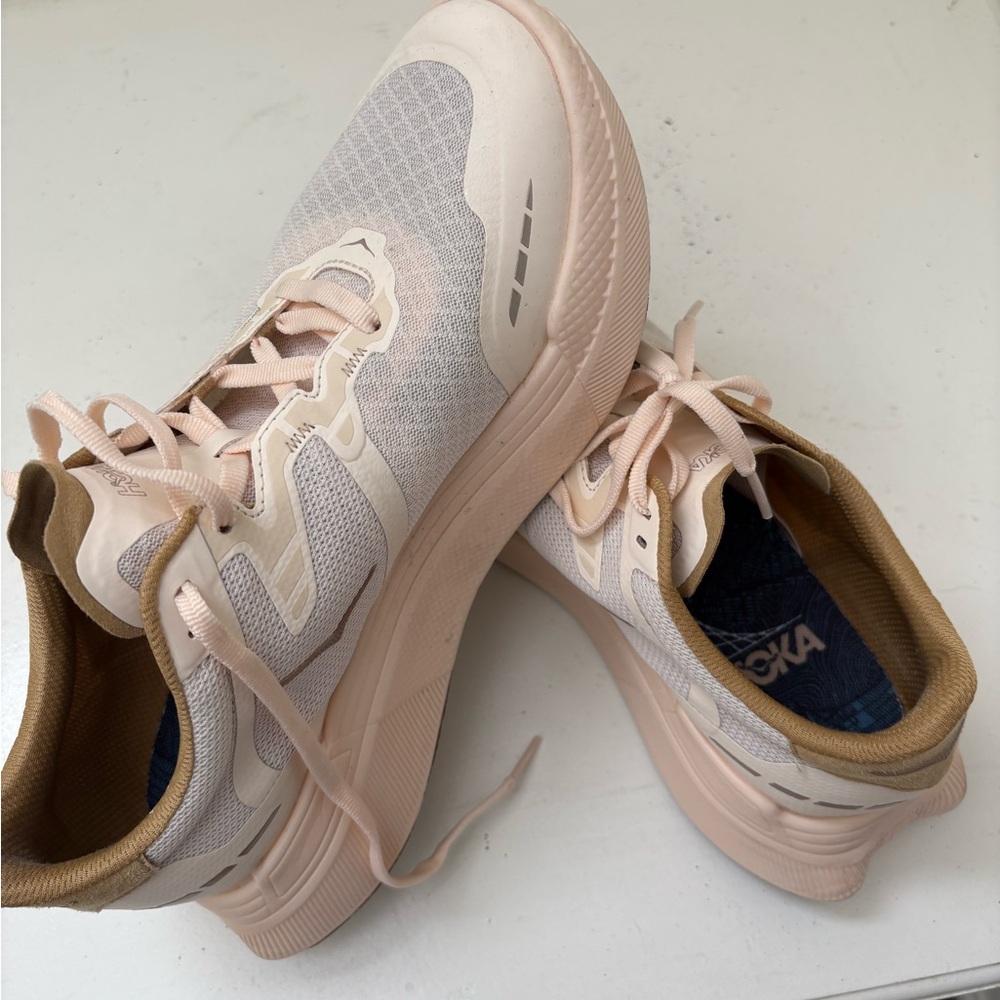 Hoka One One Pink and Tan Sneakers with Chunky Midsole